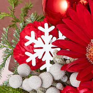 赤い花の間からチラっと見える雪の結晶が可愛らしいです。