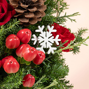 赤い花の間からチラっと見える雪の結晶が可愛らしいです。