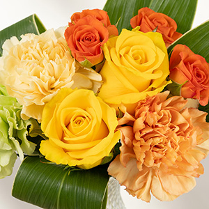 黄色のバラを主役に、見ているだけで元気が出そうなビタミンカラーの花々を集めました。