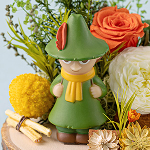 クールな表情スナフキンがお花の中にたたずんでいます。