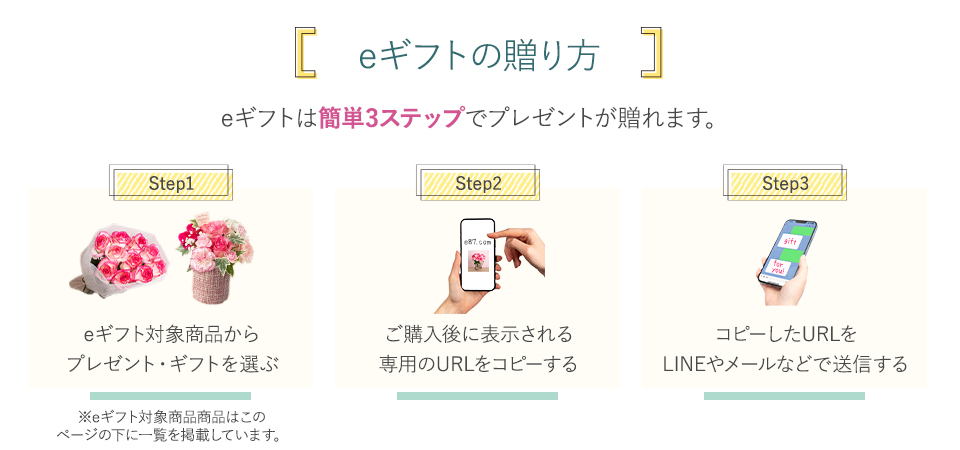 e�M�t�g�̑���� e�M�t�g�͊ȒP3�X�e�b�v�Ńv���[���g������܂��B Step1 e�M�t�g�Ώۏ��i����v���[���g�E�M�t�g��I�� ��e�M�t�g�Ώۏ��i�͂����̃y�[�W�̉��Ɉꗗ���f�ڂ��Ă��܂��B Step2 ���w����ɕ\��������p��URL���R�s�[���� Step3 �R�s�[����URL��LINE�⃁�[���Ȃǂő��M����