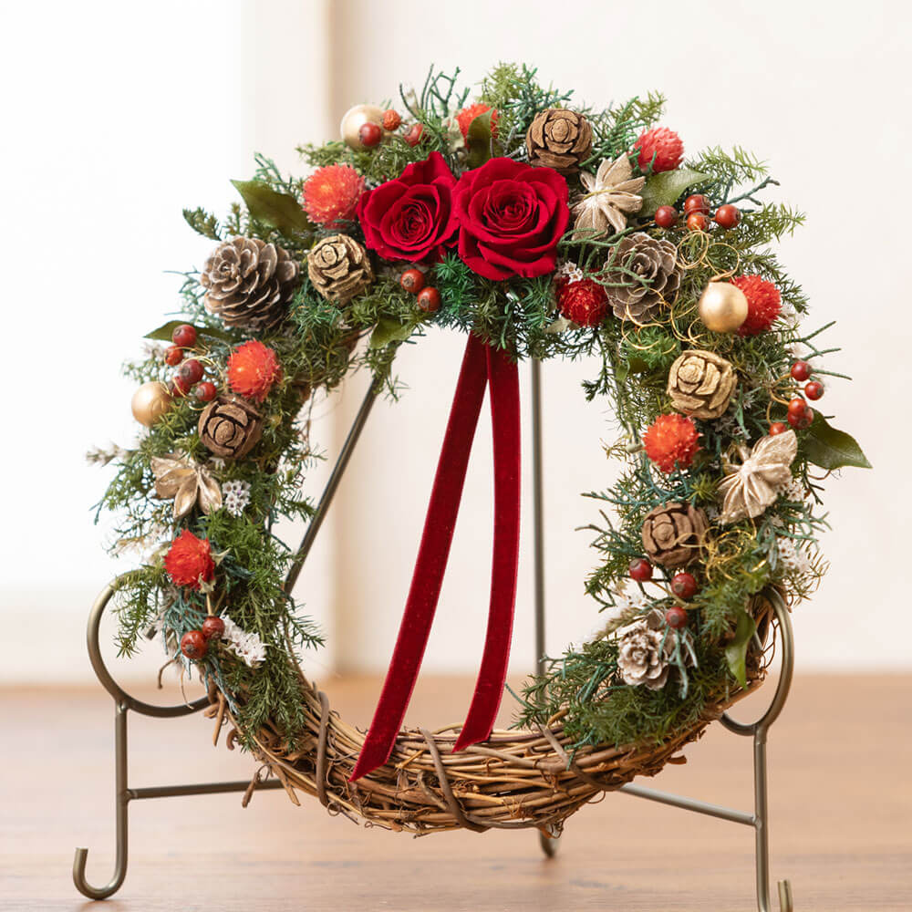 イイハナ プリザーブド ドライフラワー リース ツリーペアセット Christmas Red クリスマスの花プレゼント ギフト