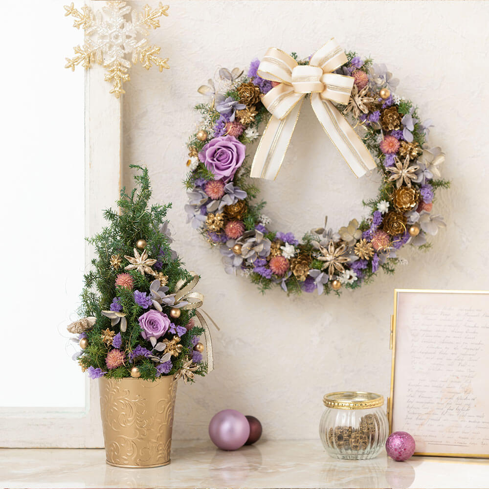 イイハナ プリザーブド ドライフラワー リース ツリーペアセット Holiday Purple クリスマスの花プレゼント ギフト イイハナ プリザーブド ドライフラワー リース ツリーペアセット Holiday Purple クリスマスの花プレゼント ギフト