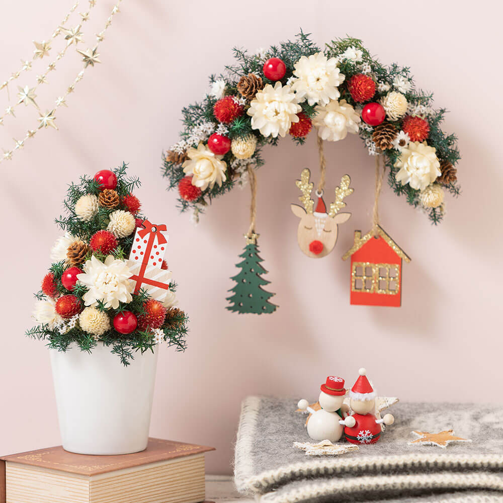 イイハナ プリザーブド ドライフラワー ミニスワッグ ツリーペアセット Jolly Noel クリスマスの花プレゼント ギフト