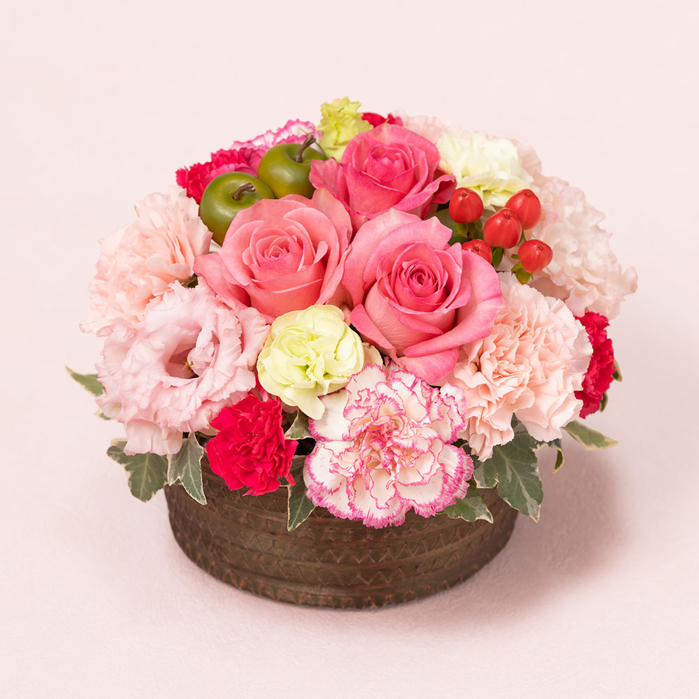 母の日 お花 アレンジ❁ チューリップと薔薇❁三日月リース No.2 