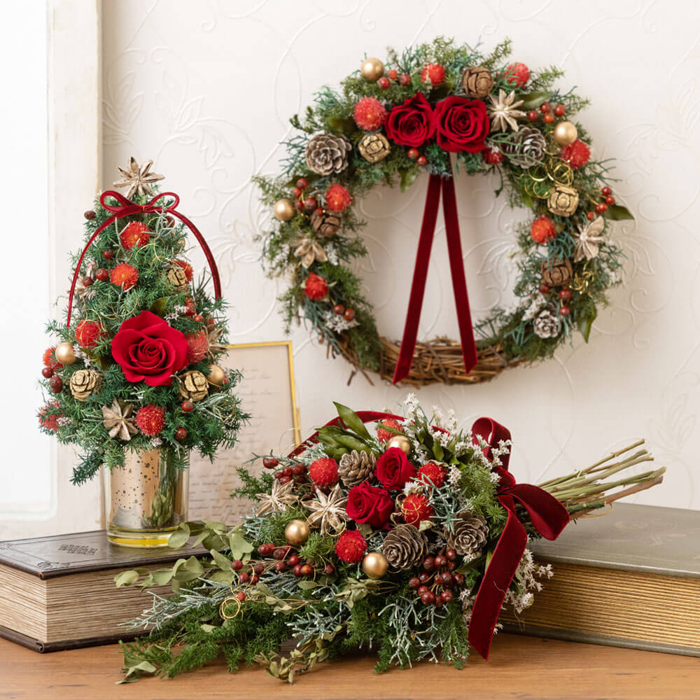 イイハナ プリザーブド ドライフラワー リース ツリーペアセット Christmas Red クリスマスの花プレゼント ギフト
