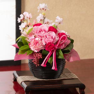 小粋な真っ黒な丸い器に、桜と気品溢れるバラやフリルが可愛いカーネーション、トルコキキョウを合わせました。