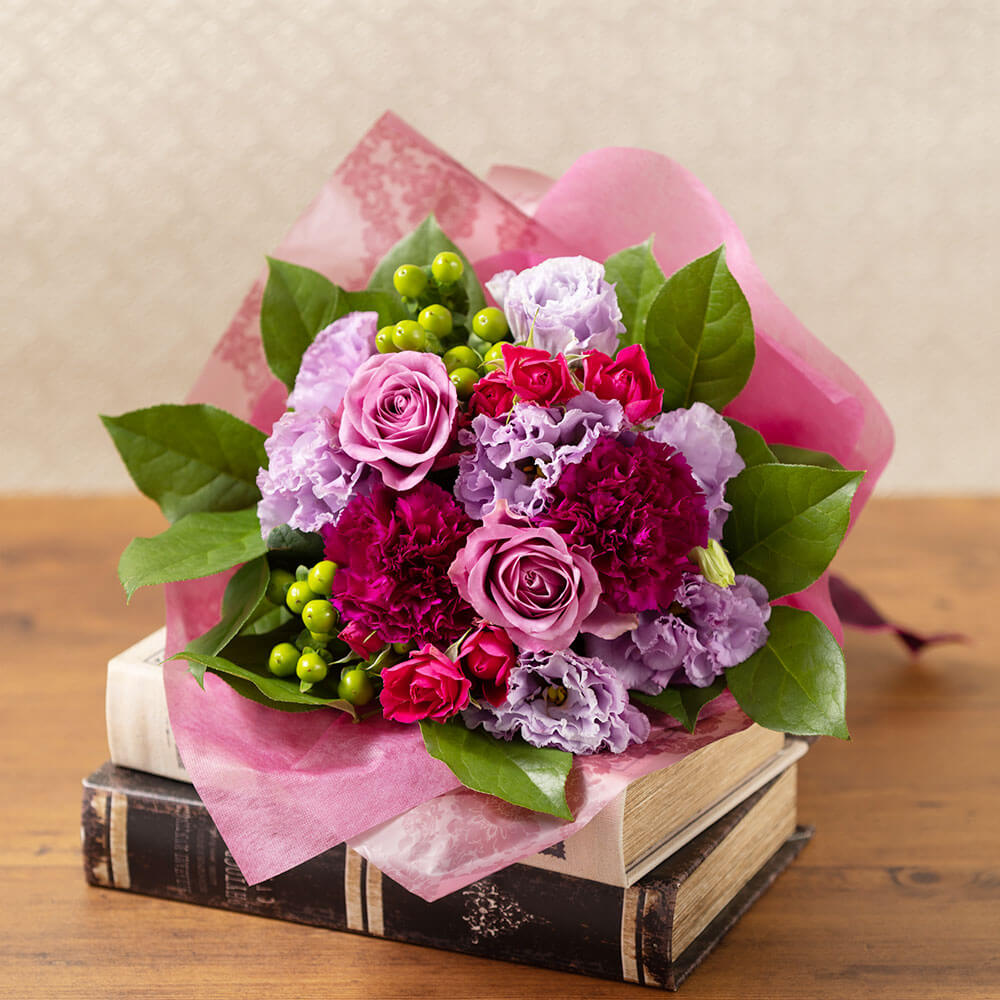 【母の日ギフト】バラやカーネーションの花束、エレガンス パープル ブーケ